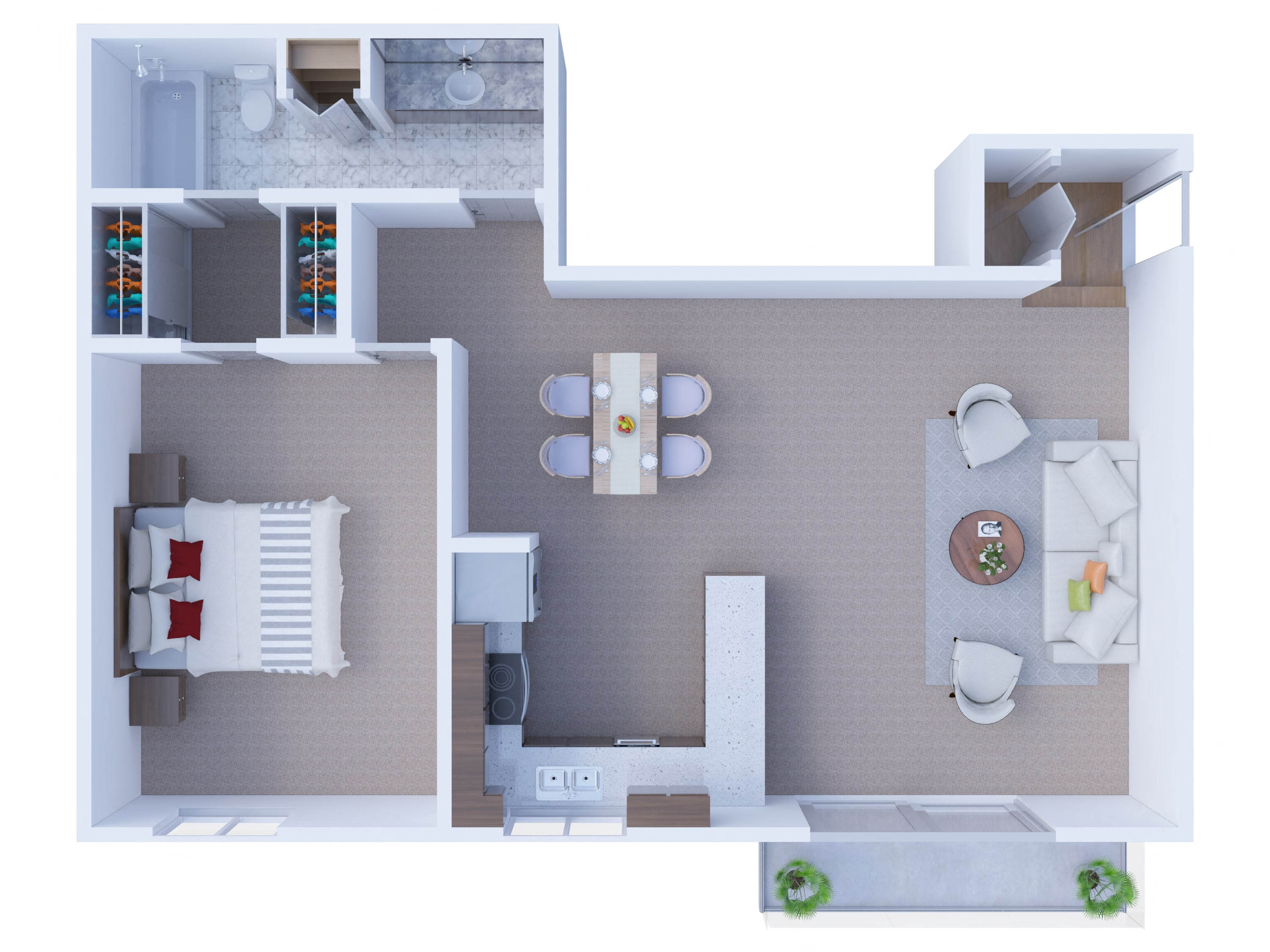 Floor plan for 1 bed, 1 bath, 722 sqft